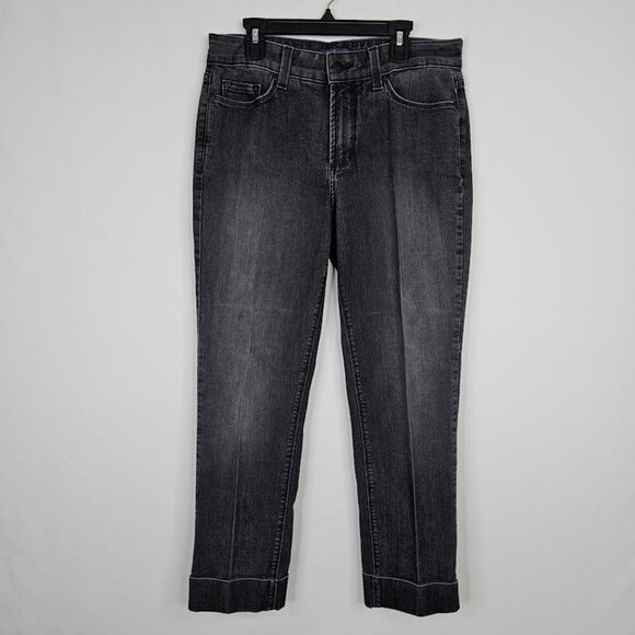 NYDJ Straight Leg Jeans Cuffed Pants BLACK Denim size 6 Mid Rise Preppy Classic - Picture 2 of 7